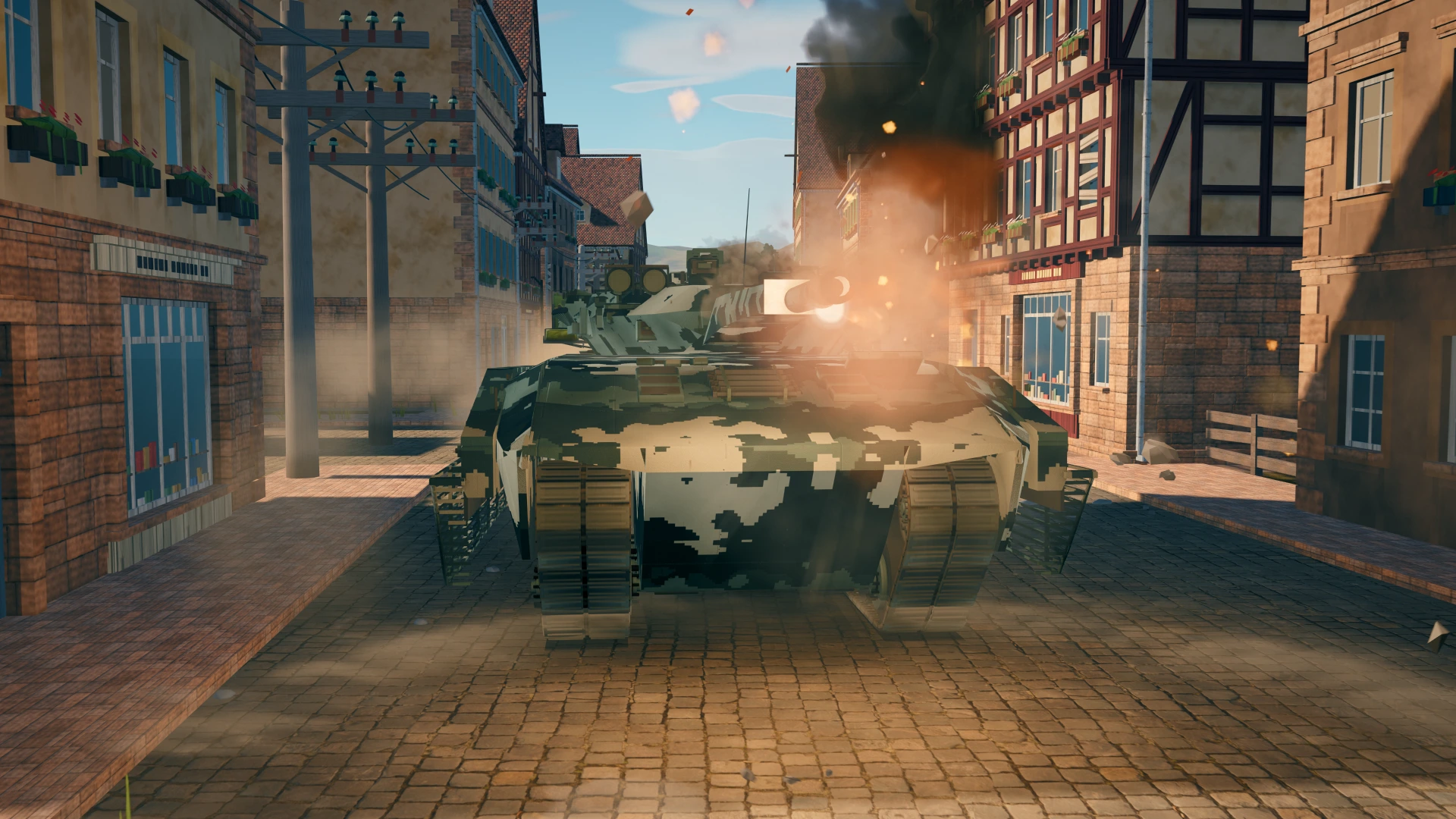 Roof tiles rain down as a PL-01 fires up the street