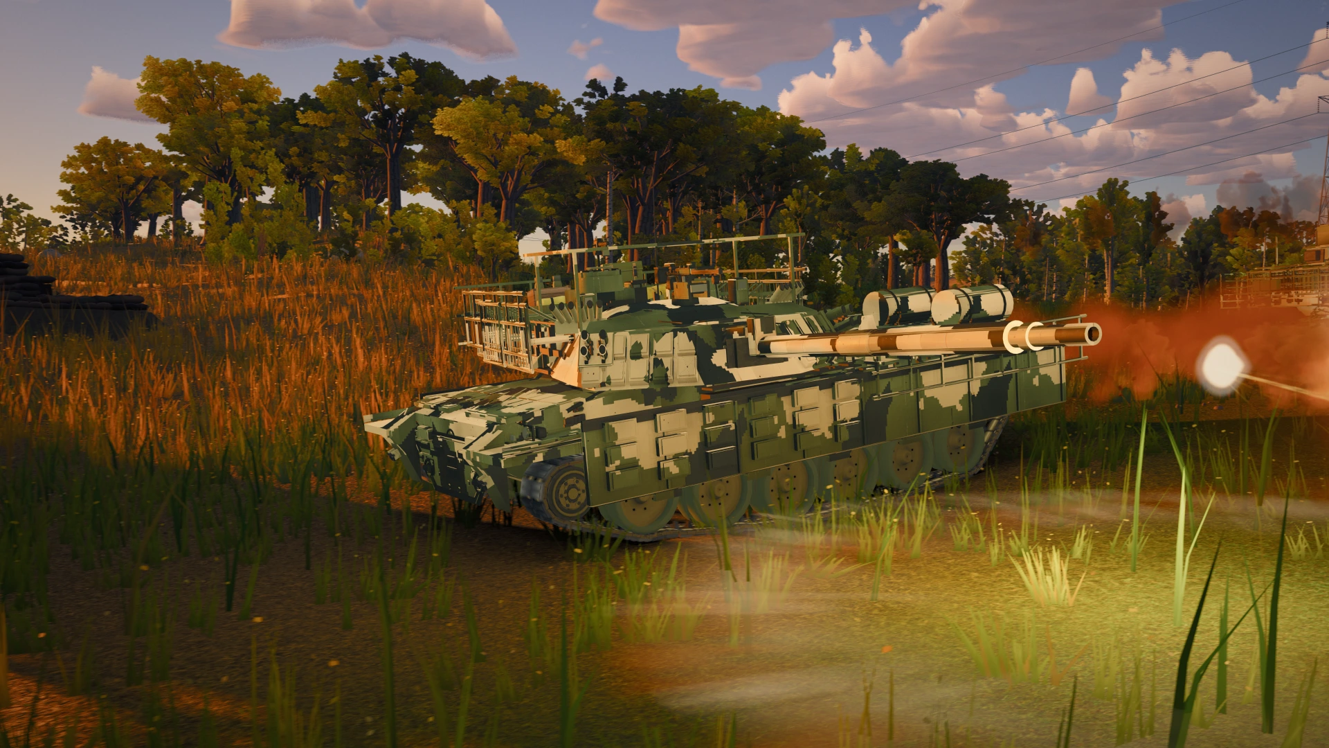 A Challenger 2 leads a Ukrainian column returning fire across the fields at sunset