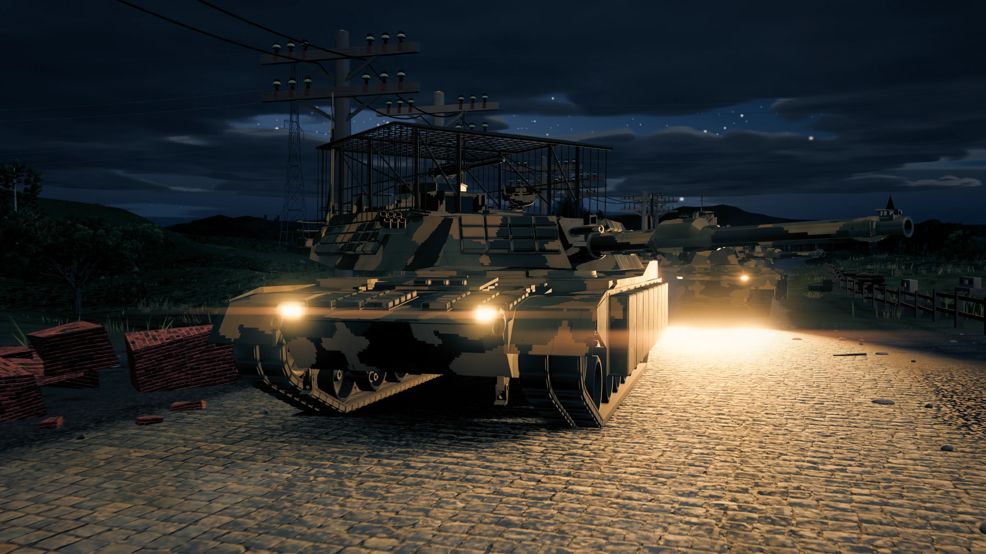 The line advances past the burning water tower at night