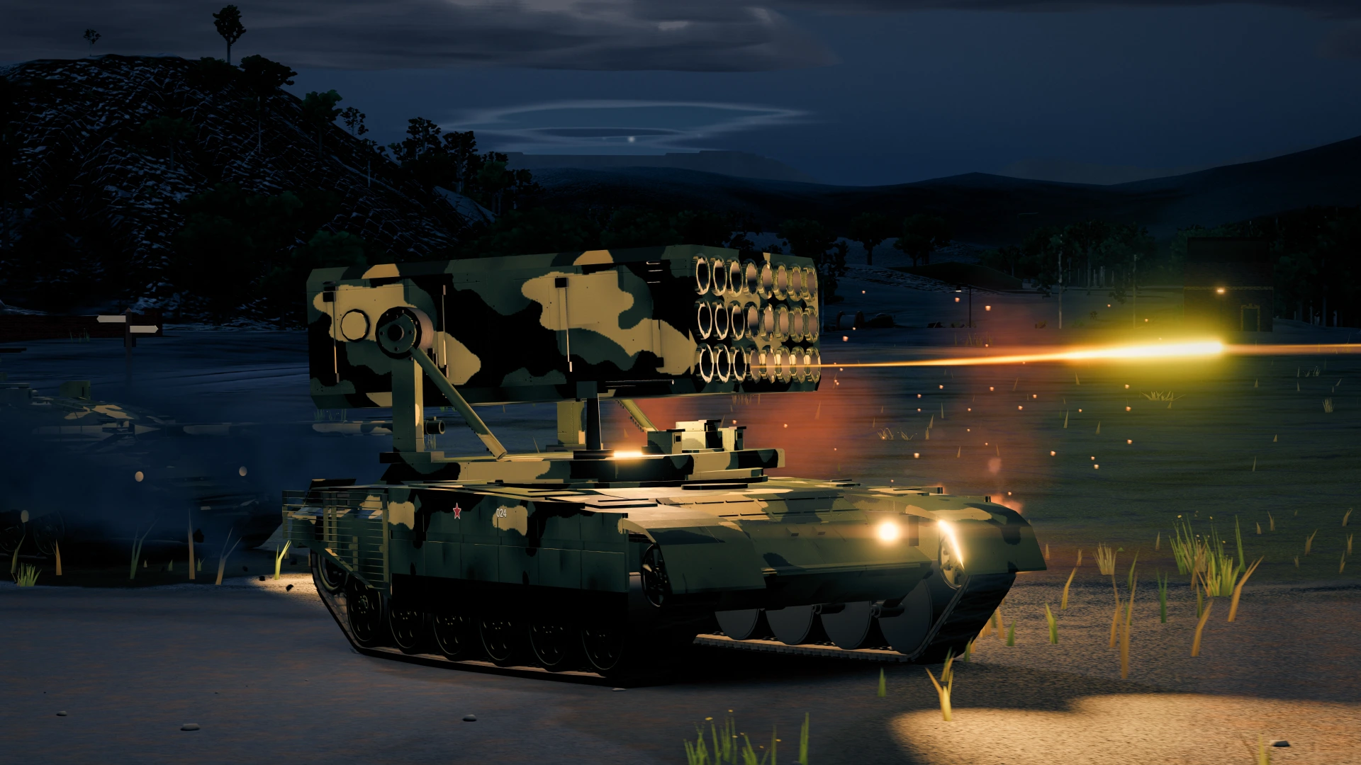 TOS-1A launchers fire a rippling salvo in the Ironworks yard at night