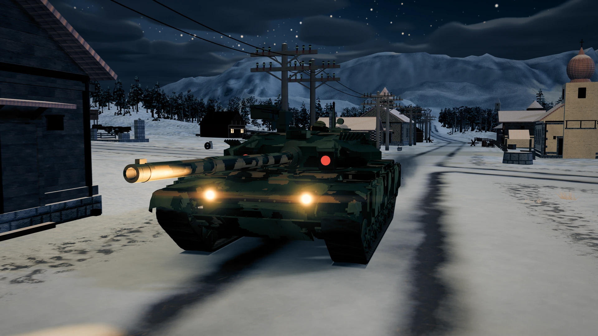 A Leopard 2A6 is knocked out beside the onion-domed church at night