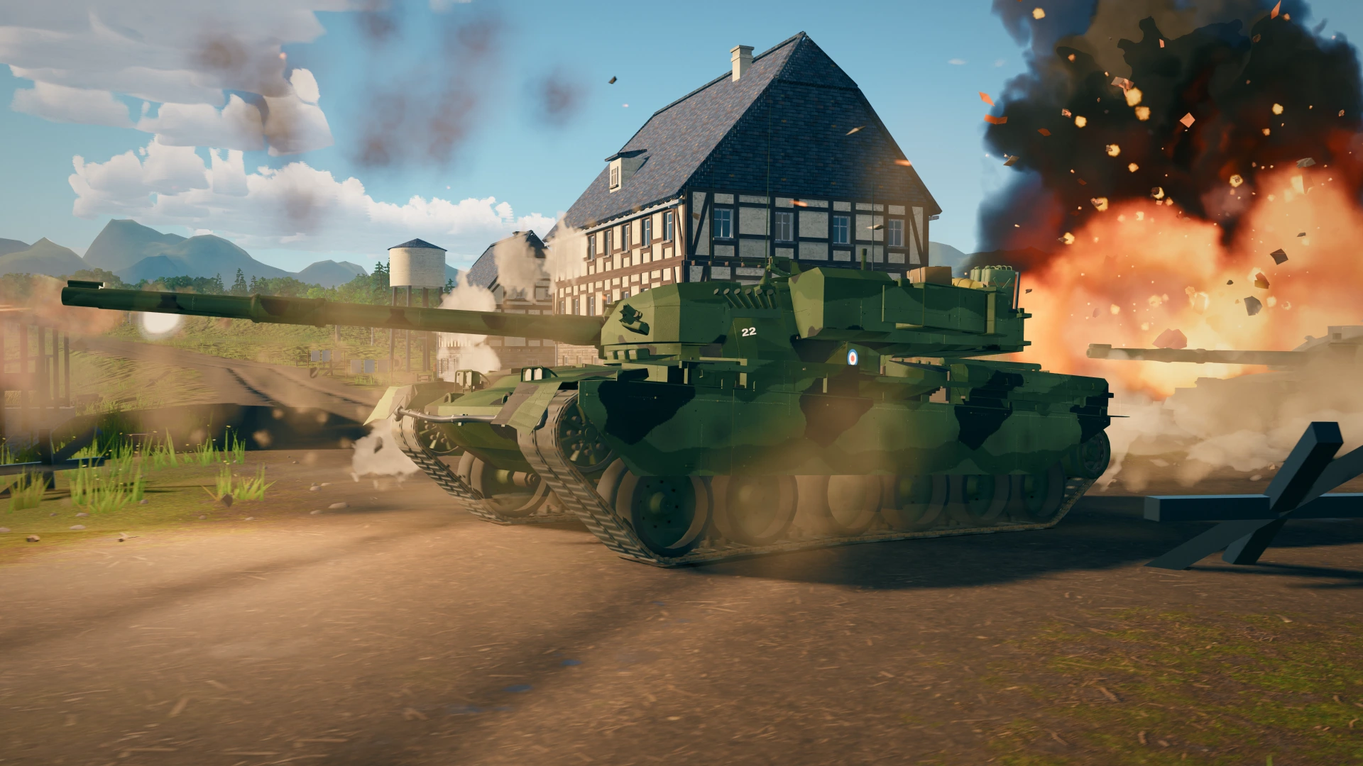 A Chieftain Mk 10 fires across the village at Highland Reservoir