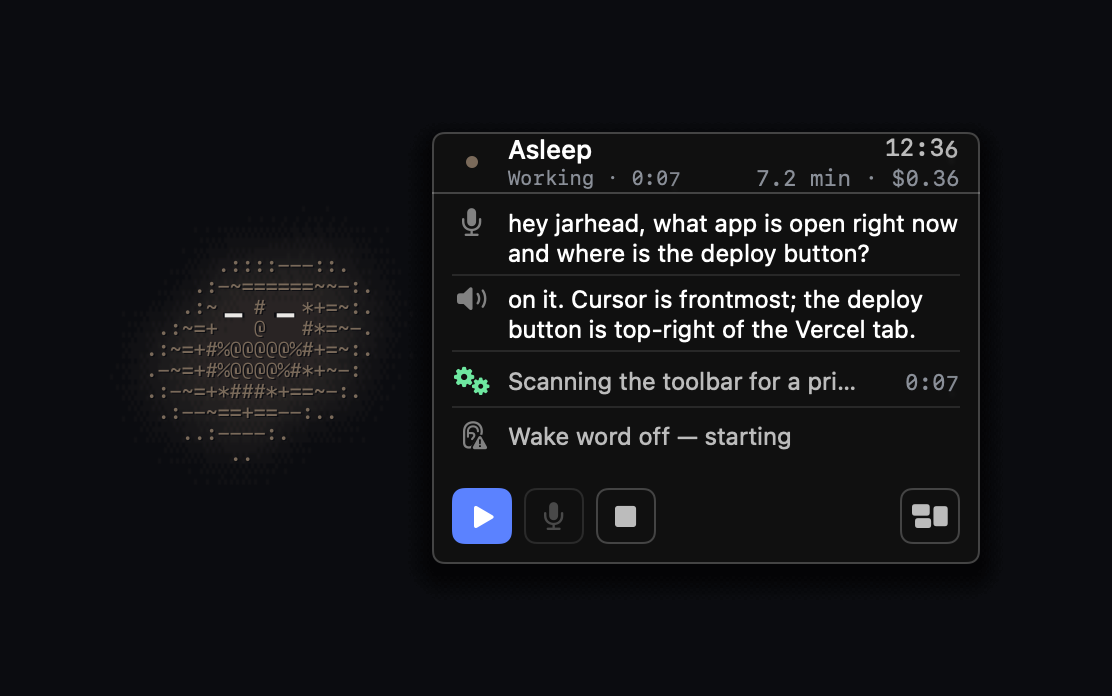 The capsule beside the blob: phase, meter, what you said, what it said, the running step, Go / Mute / Stop / Console
