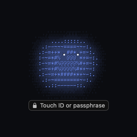 The wake gate: the blob asleep with a 'Touch ID or passphrase' pill
