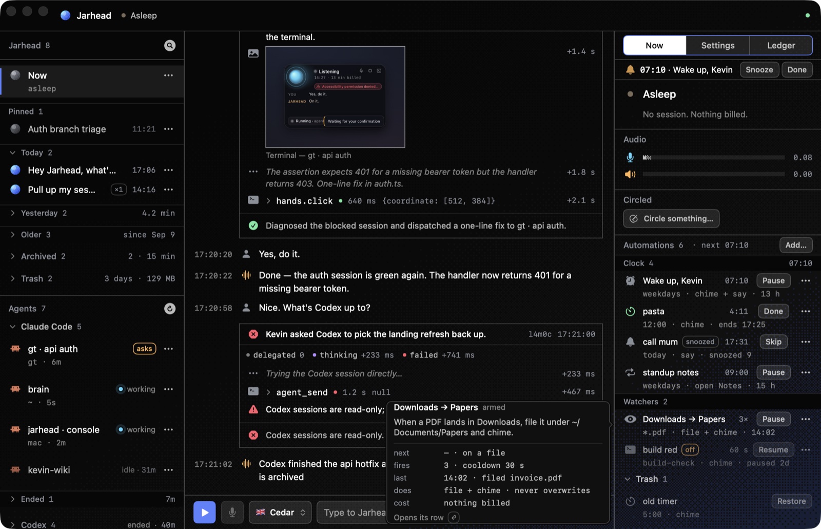 The Console's Automations section: a ringing alarm under the tabs, the rows with their verbs, the Trash fold