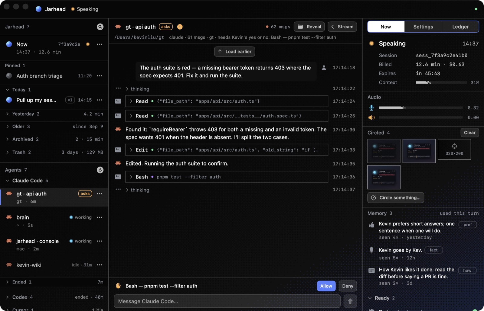 A Claude Code session stepped into: Read, Edit and Bash tool calls, folded thinking, a permission question with Allow and Deny