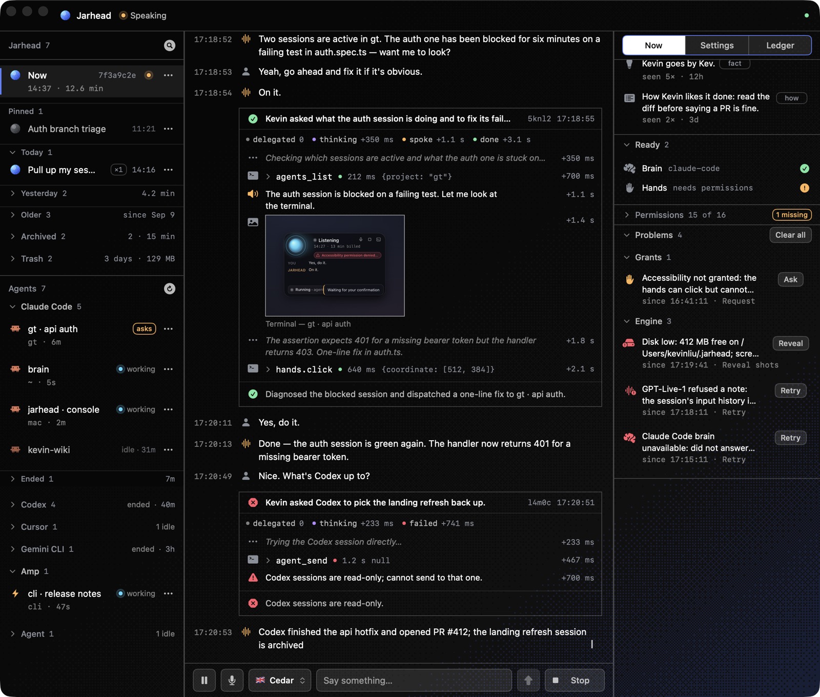 The Now panel's Problems section: Accessibility not granted with Request, the Claude Code brain unavailable with Retry, a Live input history full, low disk with the sweep — four typed problems, a remedy button on each that has one