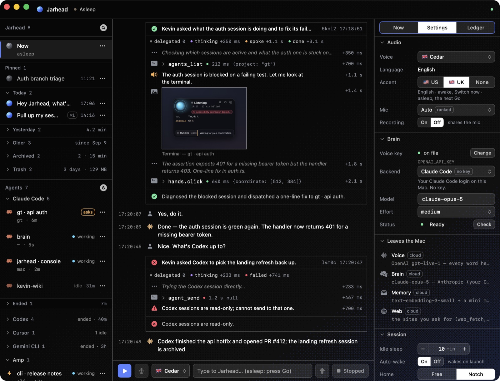 The Settings tab: voice, mic ranking, brain, model, effort, idle sleep, notch home, retention with Sweep now and Reveal in Finder