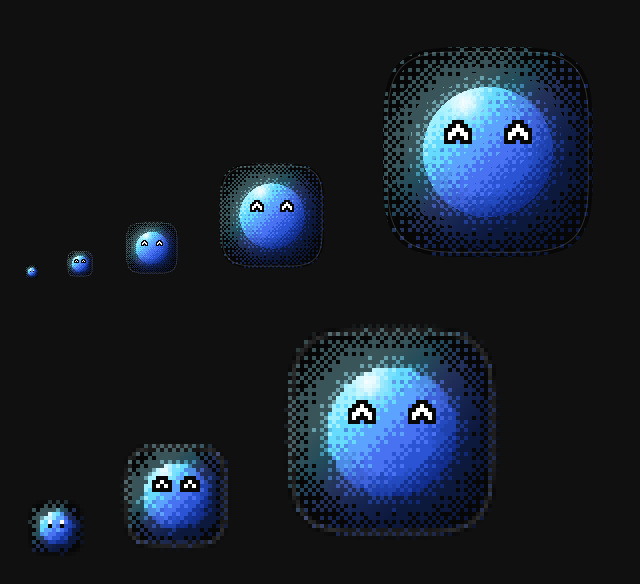 The Dock icon at 16, 32, 64, 128 and 256 with the small ones blown up: a round dithered orb wearing the blob's ^ ^
