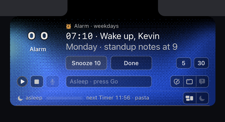 The island ringing an alarm while asleep: 07:10 · Wake up, Kevin with Snooze 10 and Done