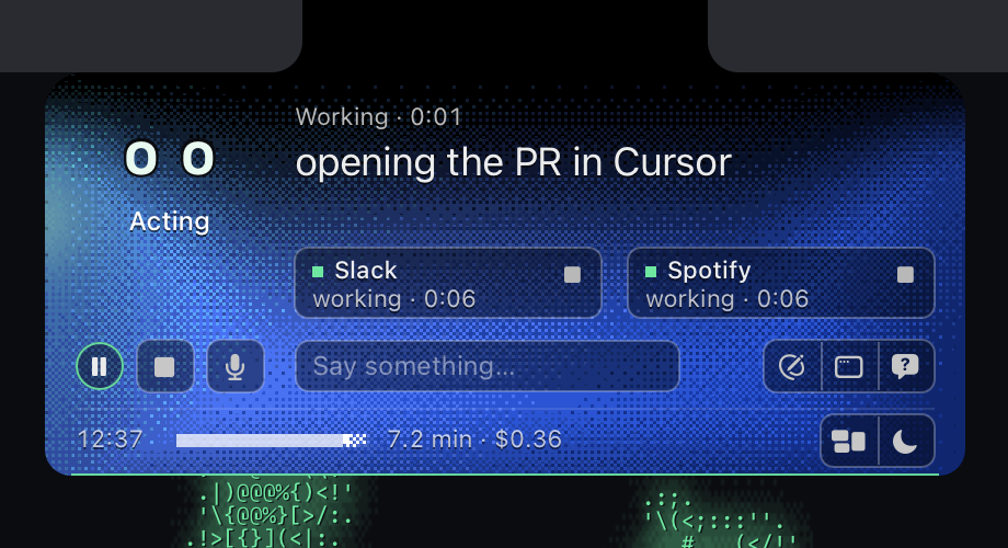 The island while acting: Working · 0:02 in the head, the request as the hero, two thread tiles with their Stops