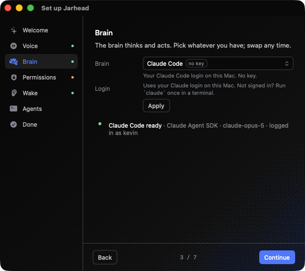 Setup: Brain — Claude Code picked, its login probed: ready