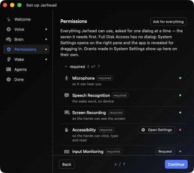 Setup: Permissions — the required seven first, Ask for everything, a Request and an Open Settings button
