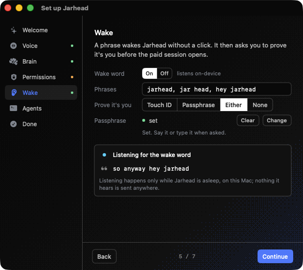 Setup: Wake — the phrases, Touch ID / Passphrase / Either / None, the passphrase field, the live listening card