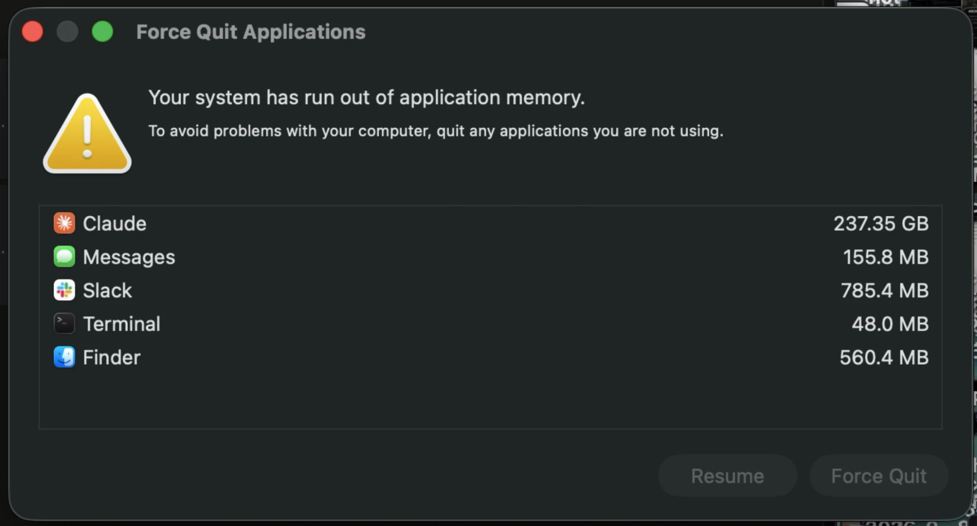 The macOS Force Quit dialog after the system ran out of application memory, with Claude at 237.35 GB
