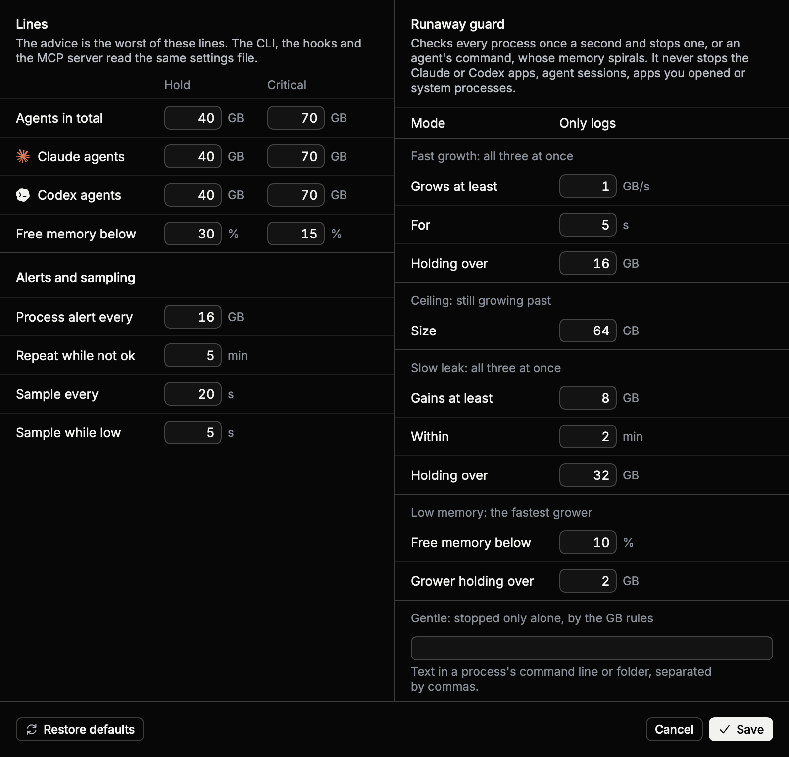 Settings in dark mode