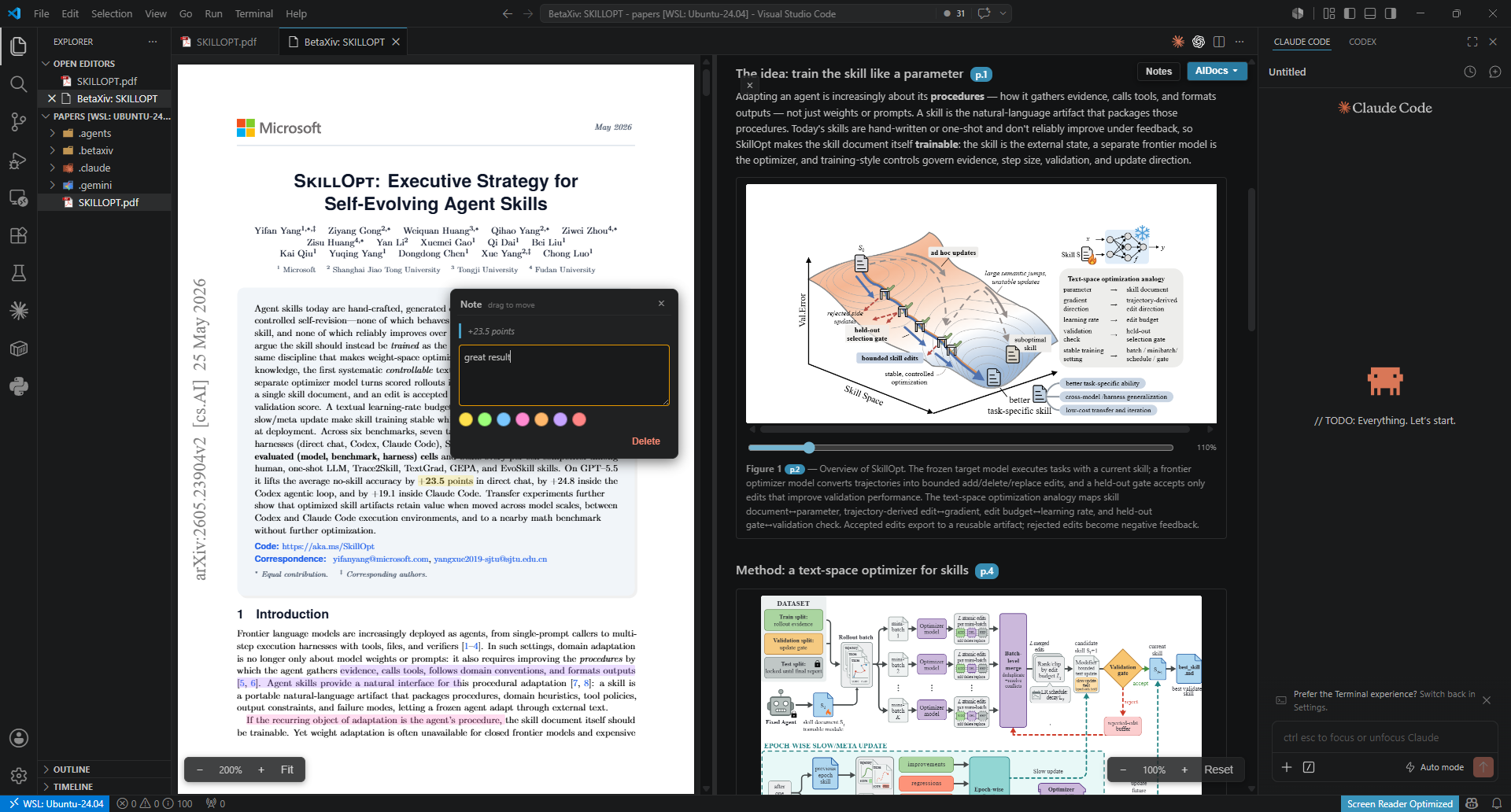 BetaXiv in VS Code: the real PDF on the left, an AI-generated structured summary on the right