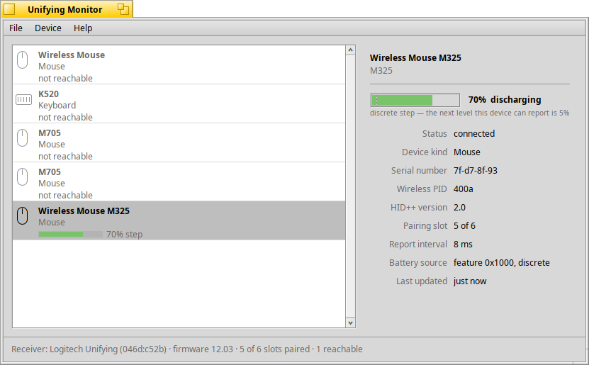 Schermata di Unifying Monitor