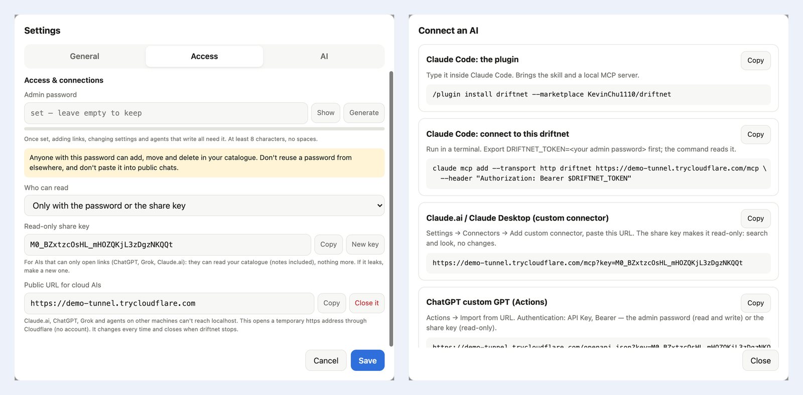 Access & connections in Settings, and the Connect an AI cards