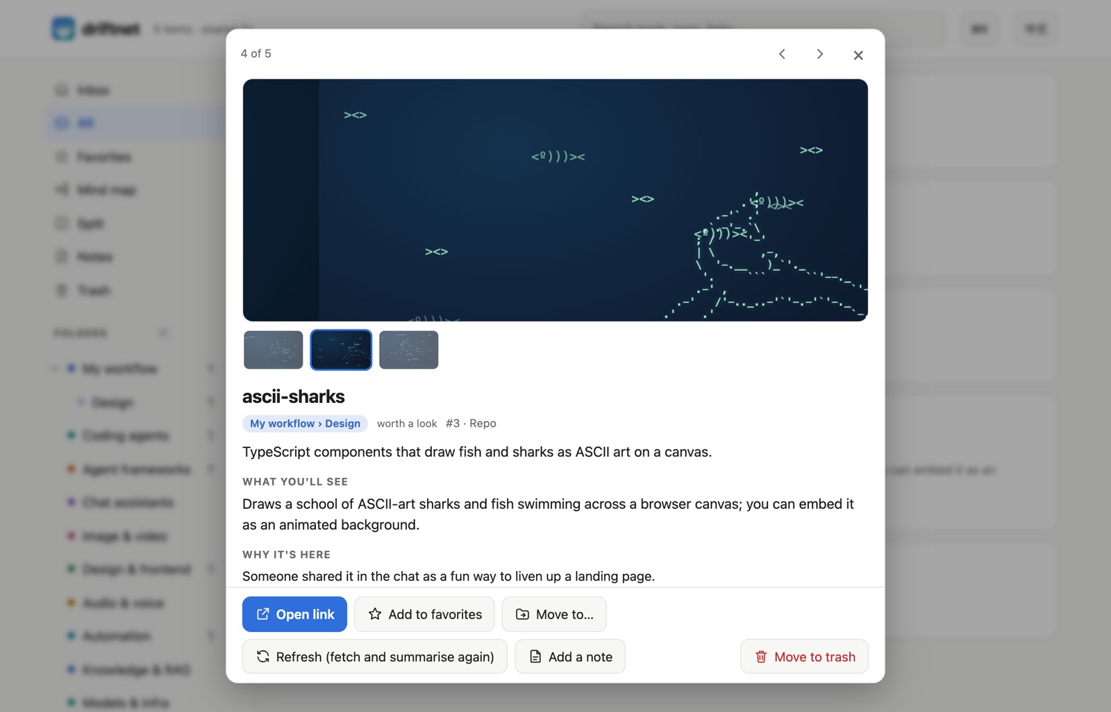 A card opened: pictures, the one-line summary, What you'll see, Why it's here, and buttons to open the link, favorite, move, add a note or refresh