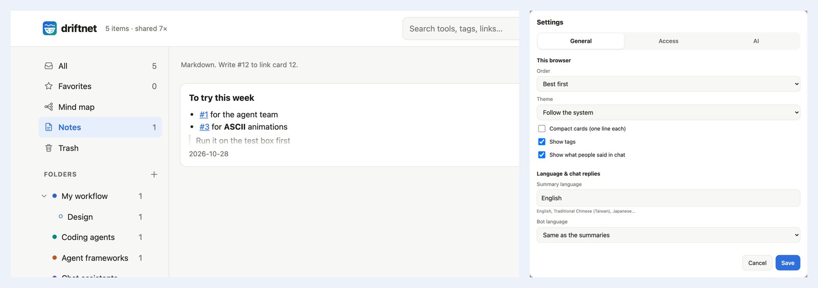 The notes page with links to cards, and the settings dialog