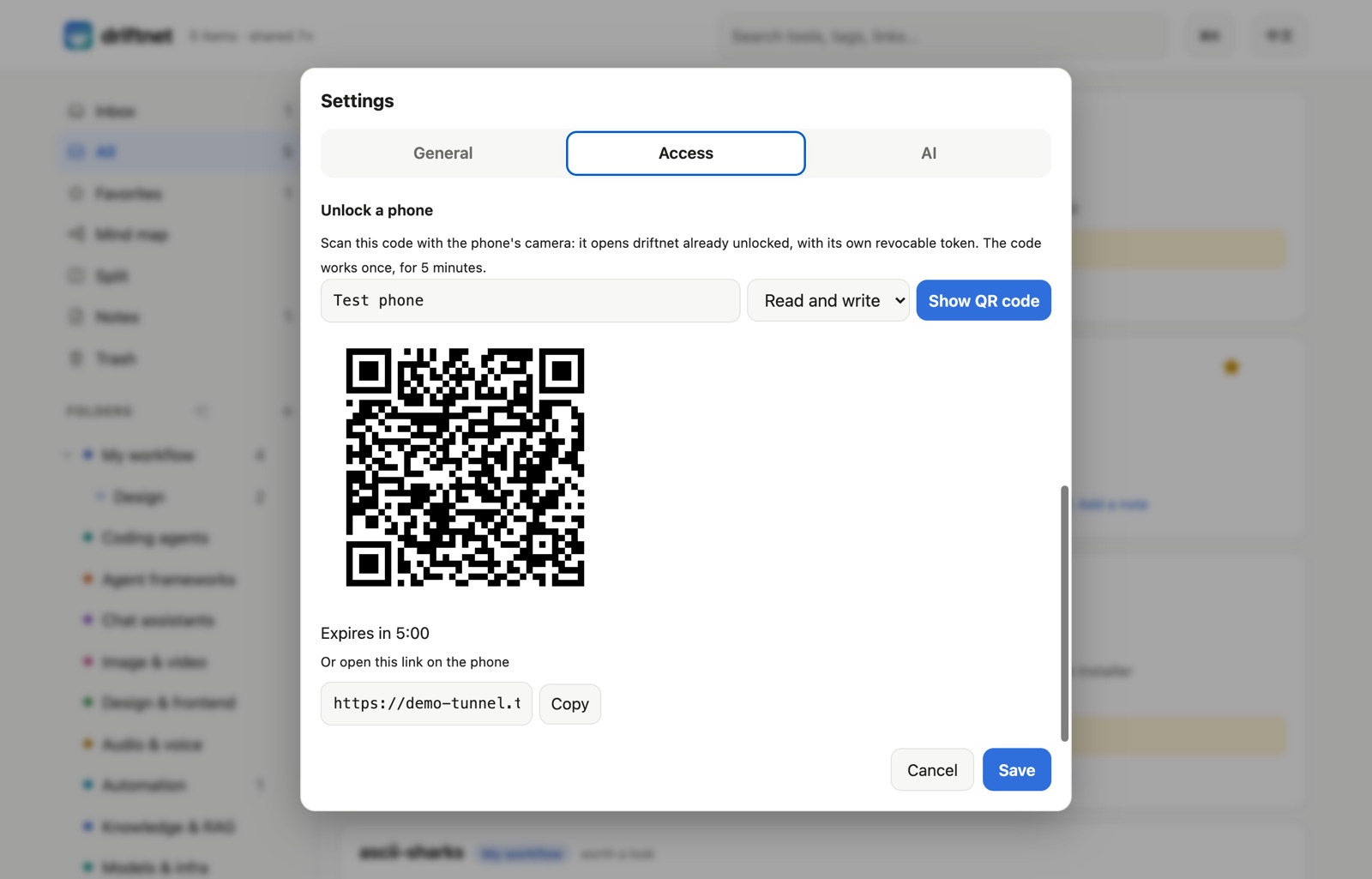 Settings → Access → Unlock a phone: a one-time QR code with a five-minute countdown