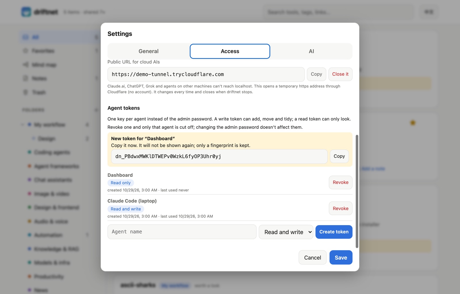 Settings → Access → Agent tokens: a new token shown once, the list with scope and last use, and Revoke