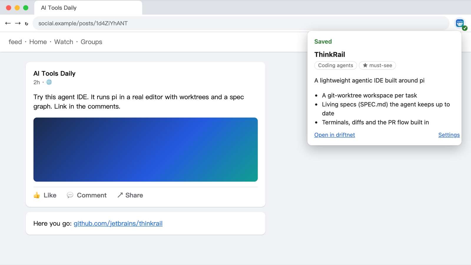The driftnet popup over a social post: saved, with category, worth and a three-point summary
