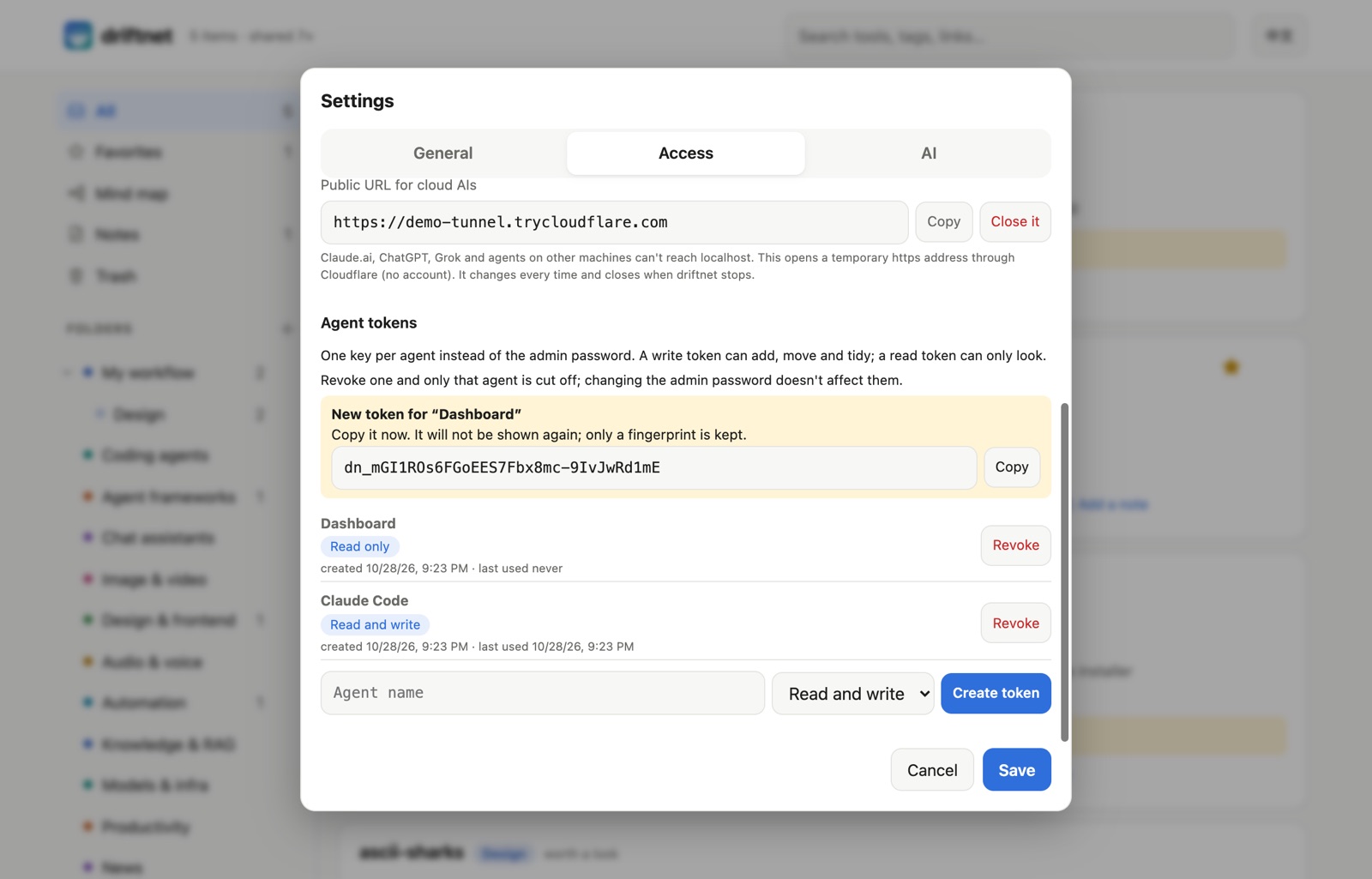 Settings → Access → Agent tokens: a new token shown once, the list with scope and last use, and Revoke
