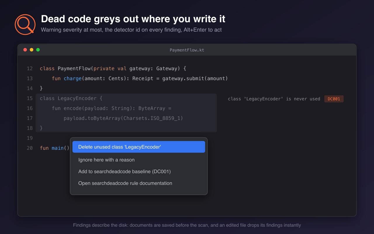 dead declarations greyed out with Alt+Enter quick fixes