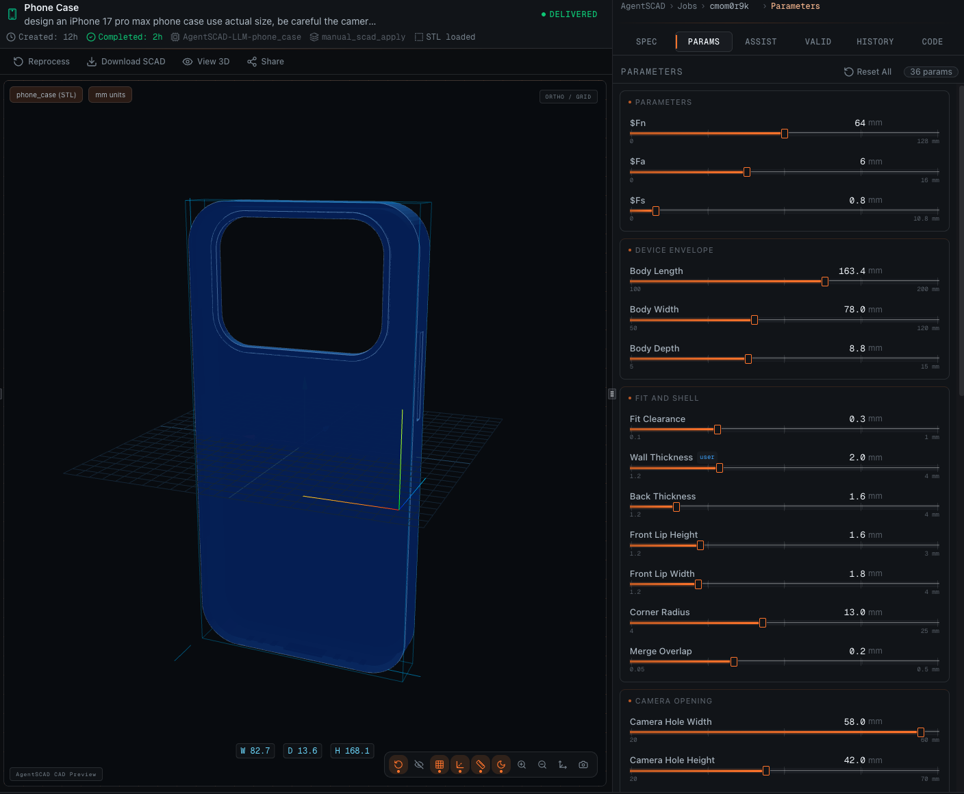 Delivered CAD artifacts remain inspectable with preview, STL readiness, SCAD source, and validation status.