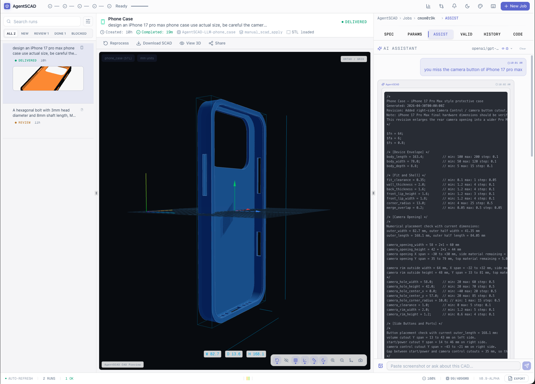 AgentSCAD's generation and repair agents work together to deliver validated CAD artifacts.