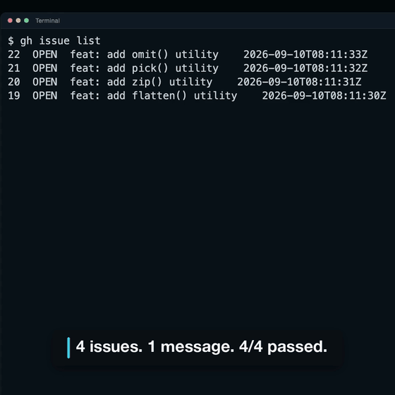 A list of four open issues, one message typed into the lead session, four worktree sessions in the sidebar, a worker writing a test file, and a final report with a phase-by-phase table