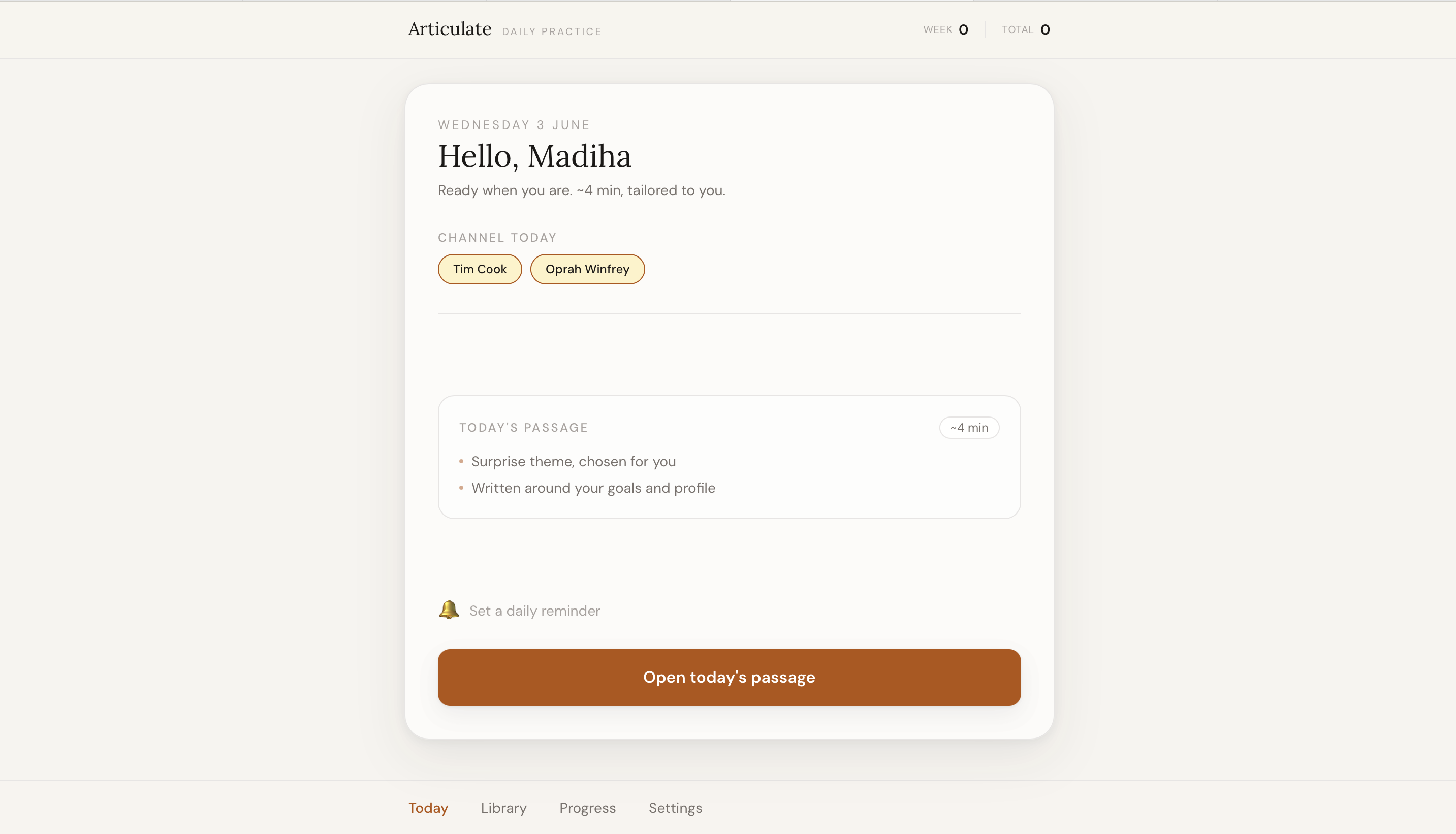 Articulate home screen showing daily practice and progress