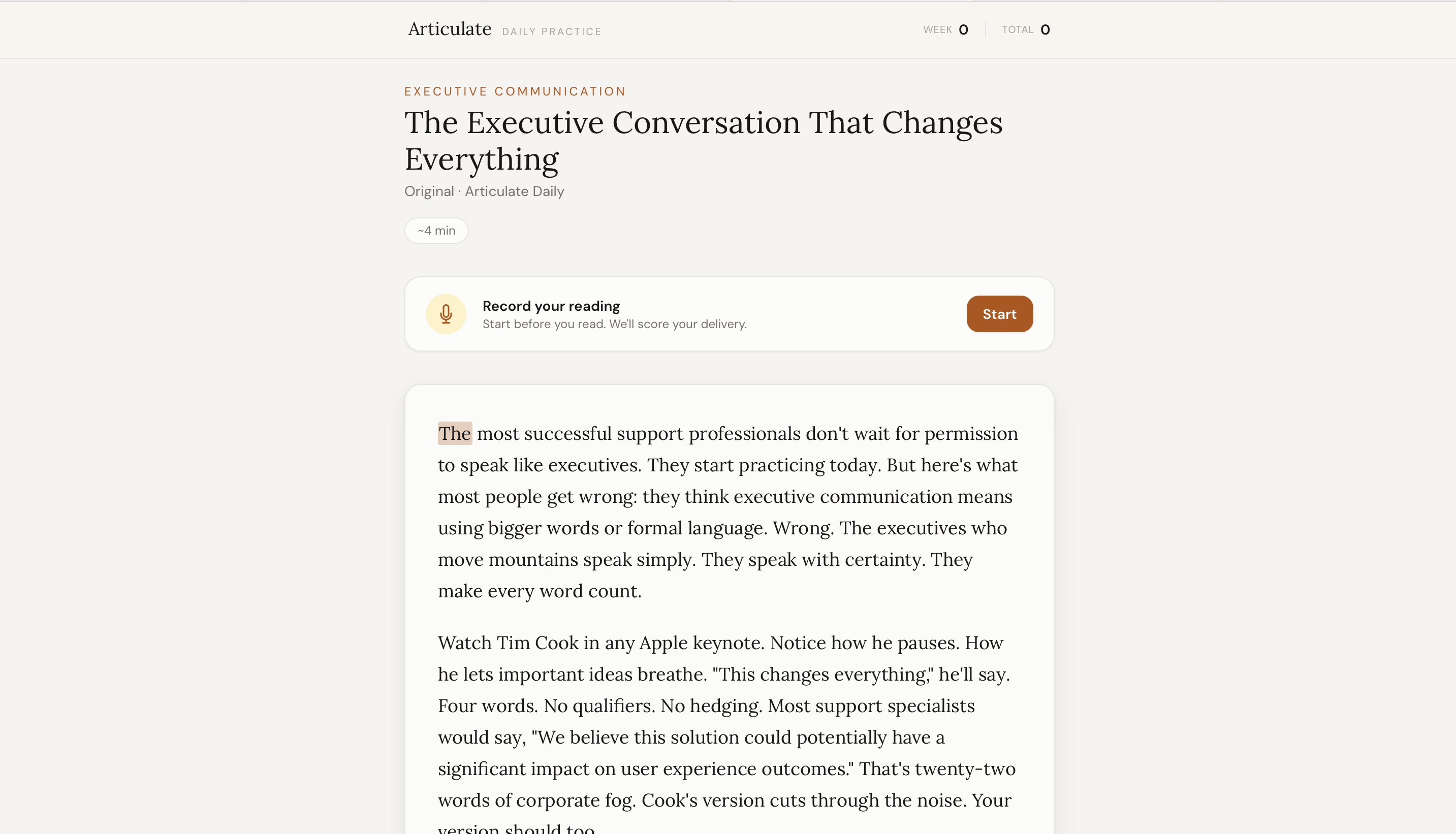 Articulate speech-practice passage and recording interface