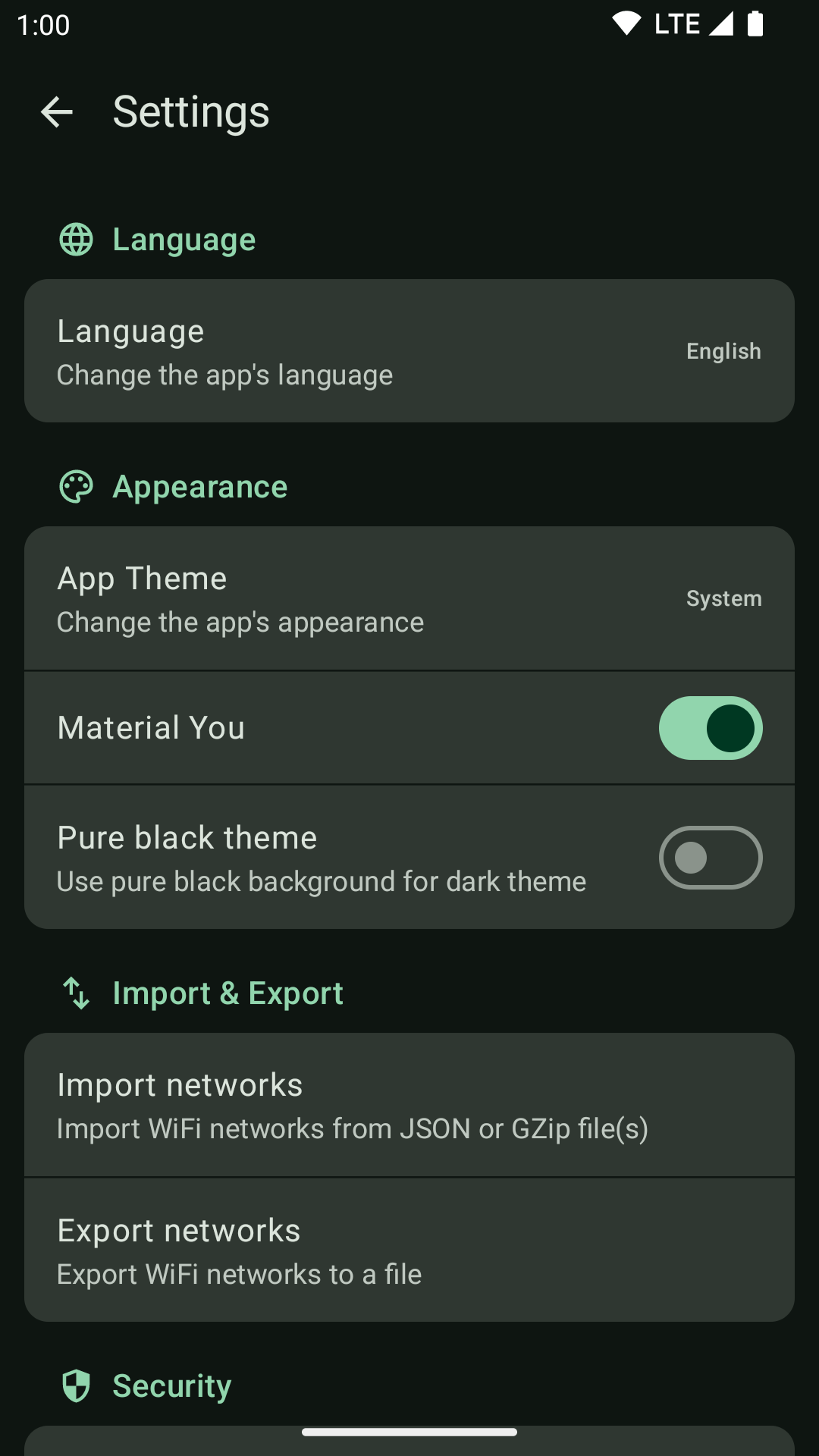 Settings screen