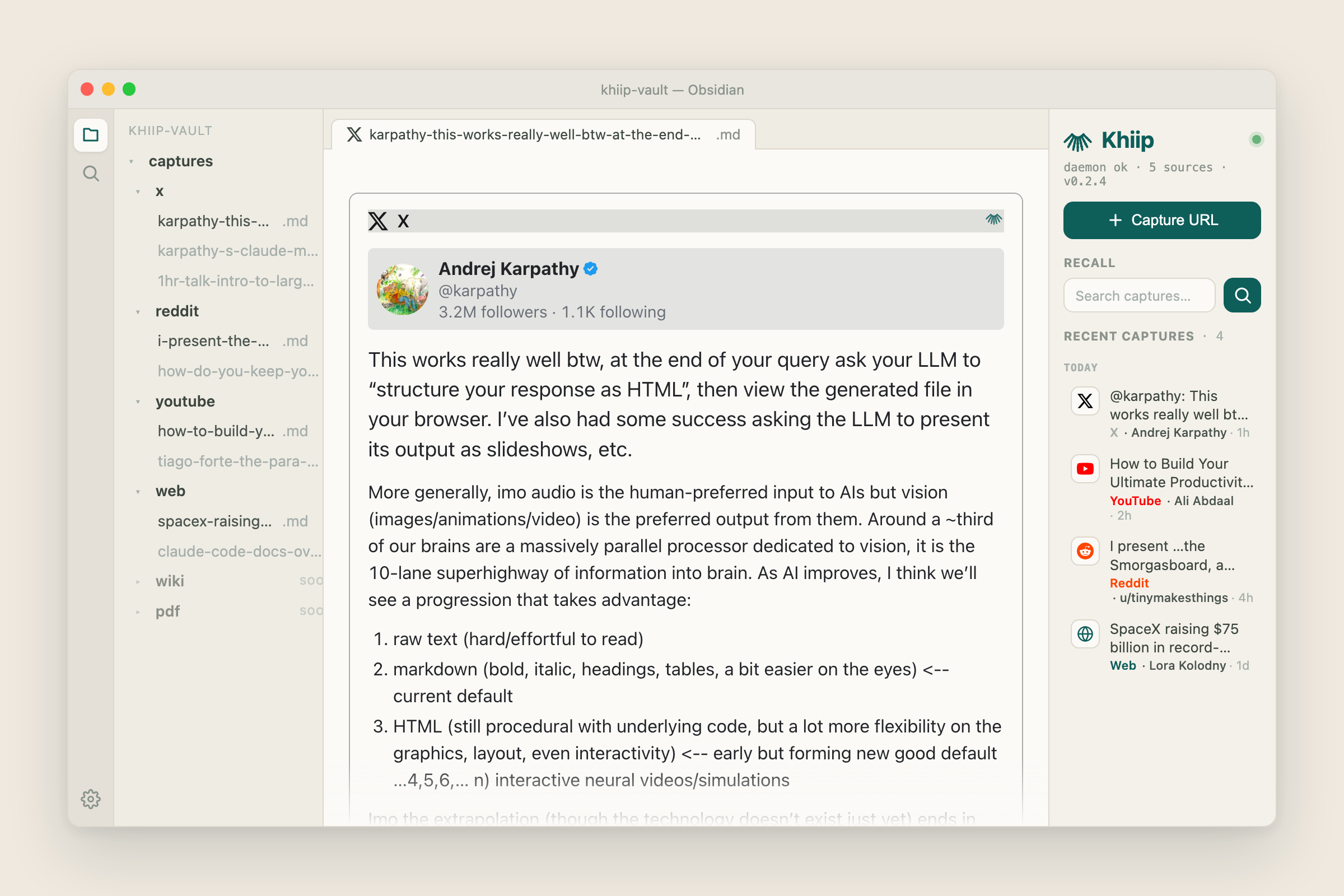 A Khiip capture open in Obsidian — the vault file tree across sources, a captured note, and the Khiip recall sidebar.