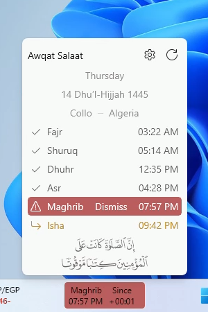 Awqat Salaat WinUI widget notification for entered prayer time