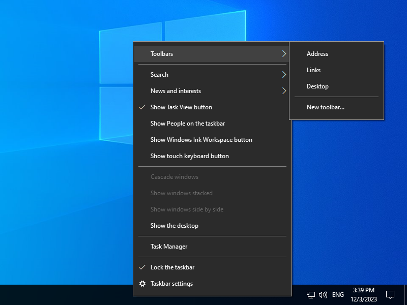 Right-click on taskbar and hover over Toolbars item