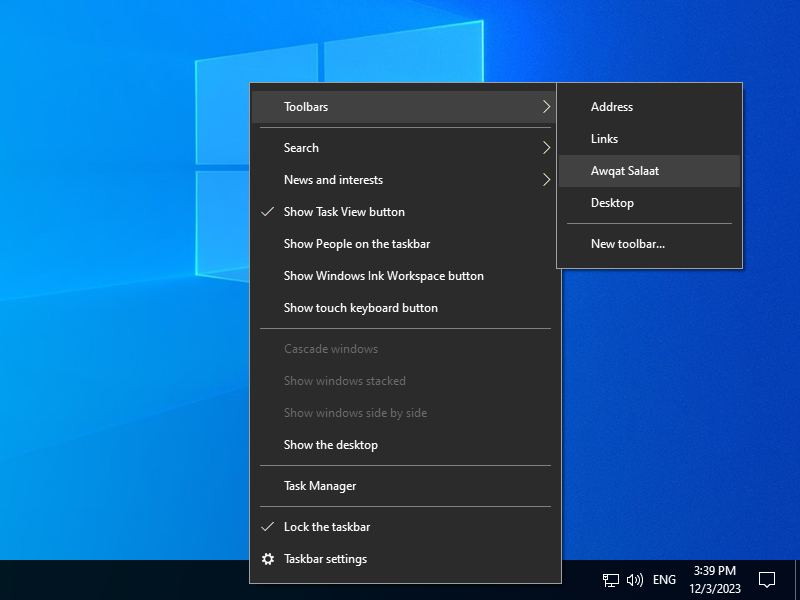 Right-click on taskbar again and this time Awqat Salaat name will appear under Toolbars