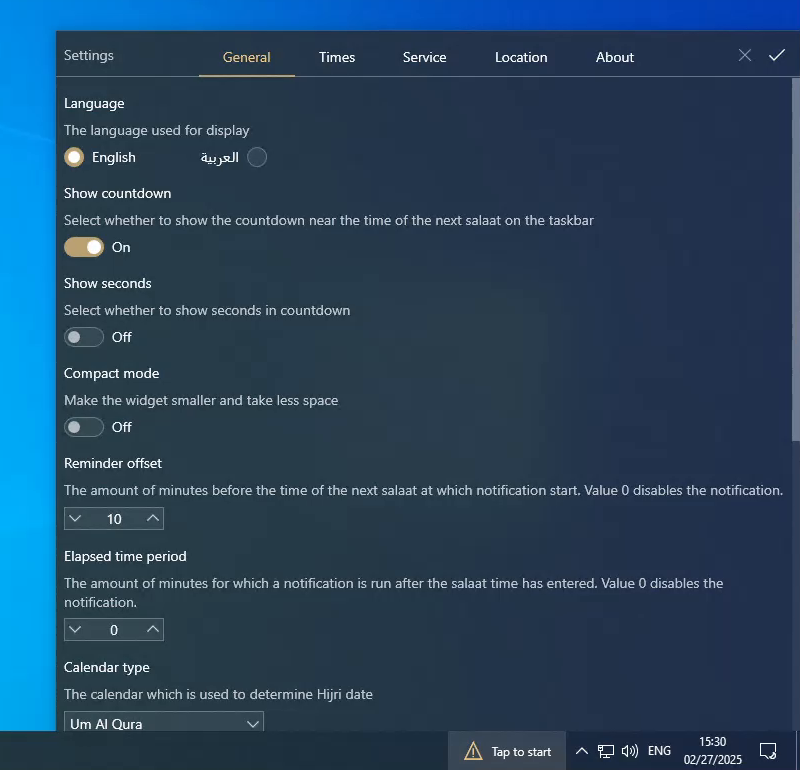 The widget appear on the taskbar and settings panel open