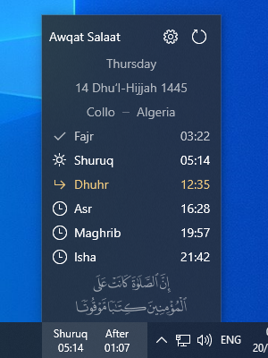 Awqat Salaat widget showing prayers times for the whole day
