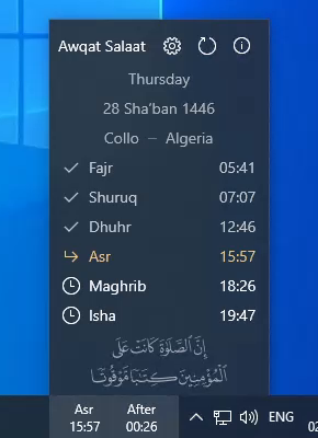 Awqat Salaat widget showing prayers times for the whole day