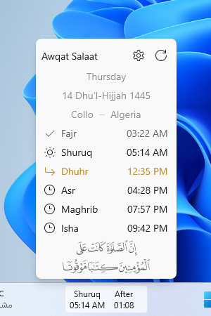 Awqat Salaat WinUI widget showing prayers times for the whole day