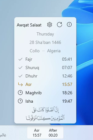 Awqat Salaat WinUI widget showing prayers times for the whole day