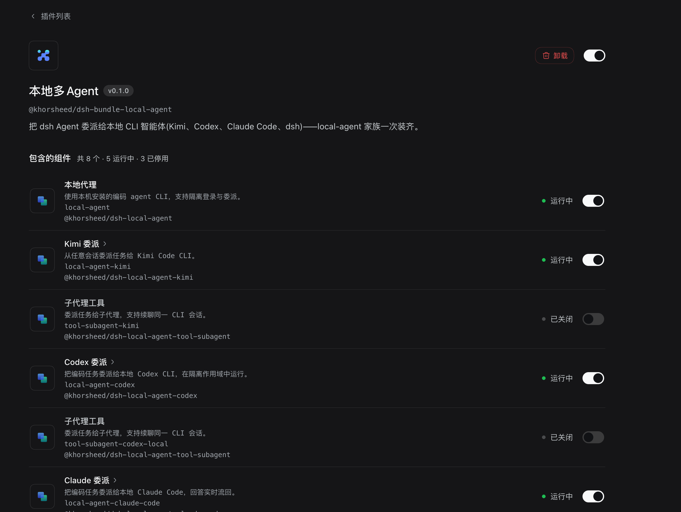 插件清单里「本地多Agent」家族卡的详情页:全部成员行逐行列出,带行级启停开关