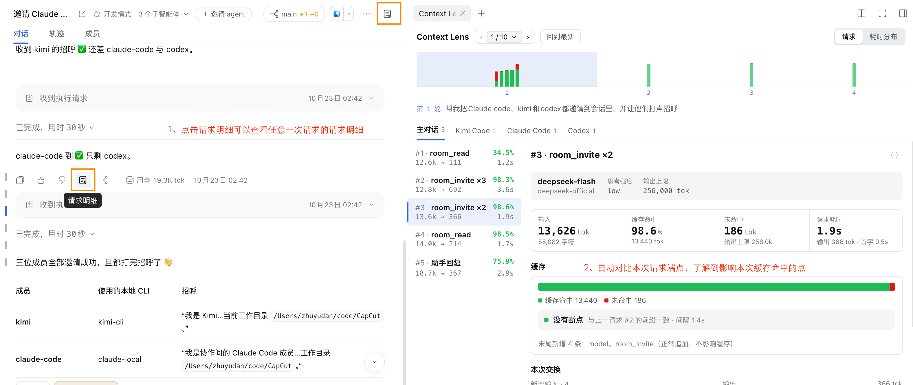 点回答下面的「请求明细」图标，右栏的上下文透镜摊开这一轮：主对话和每个成员各一个页签，左边逐次列出请求，右边是这次请求的缓存命中和断点对比