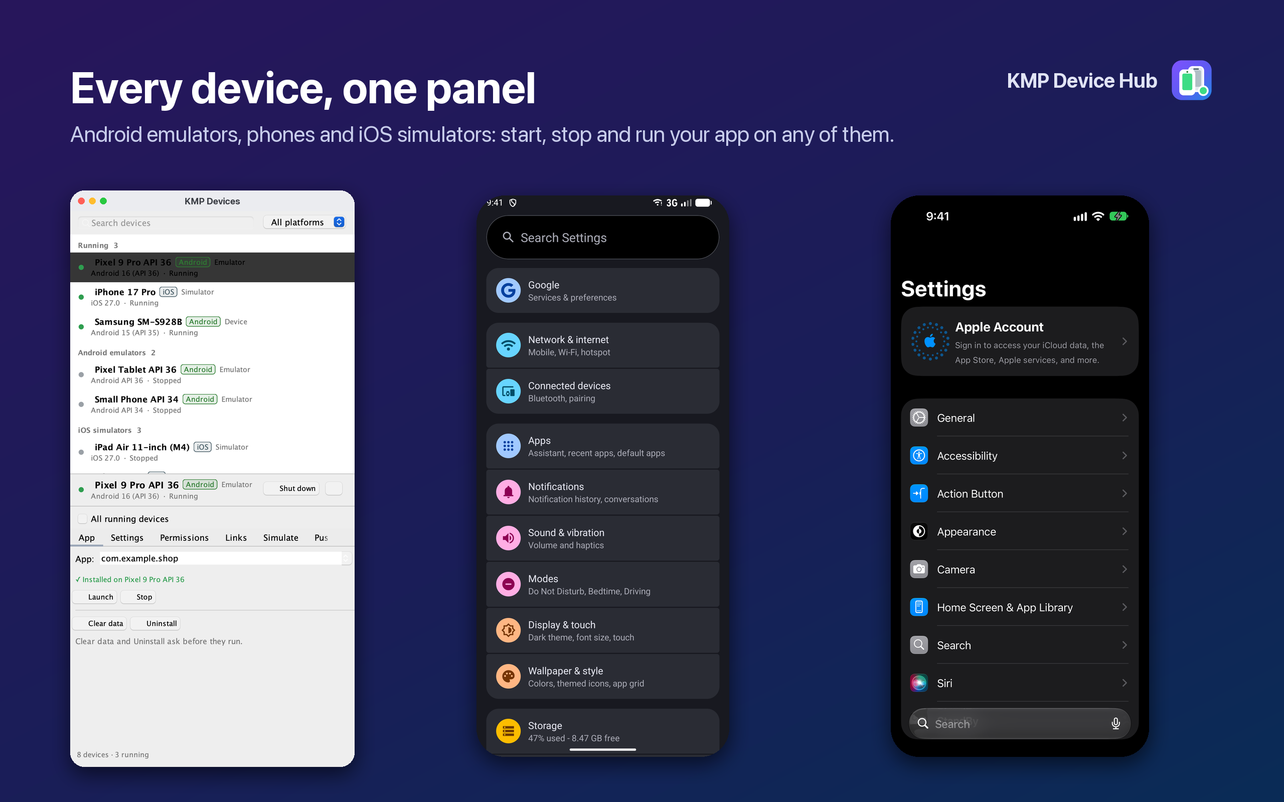 Devices panel next to an Android emulator and an iPhone simulator