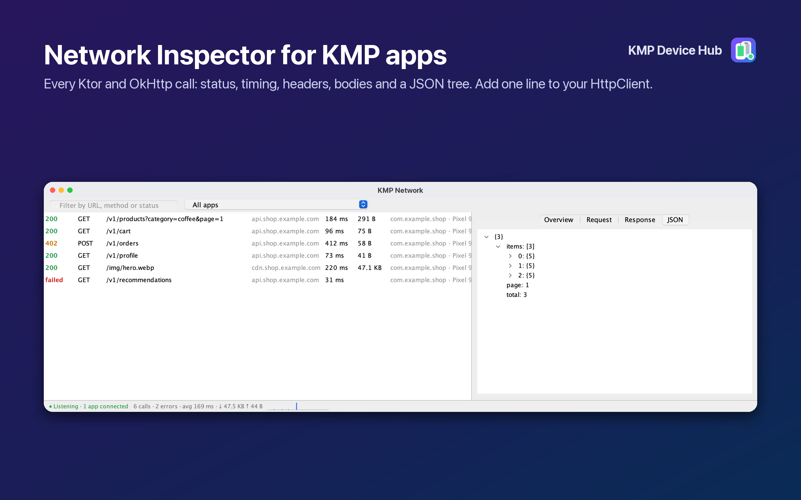 KMP Network window with API calls and a JSON tree