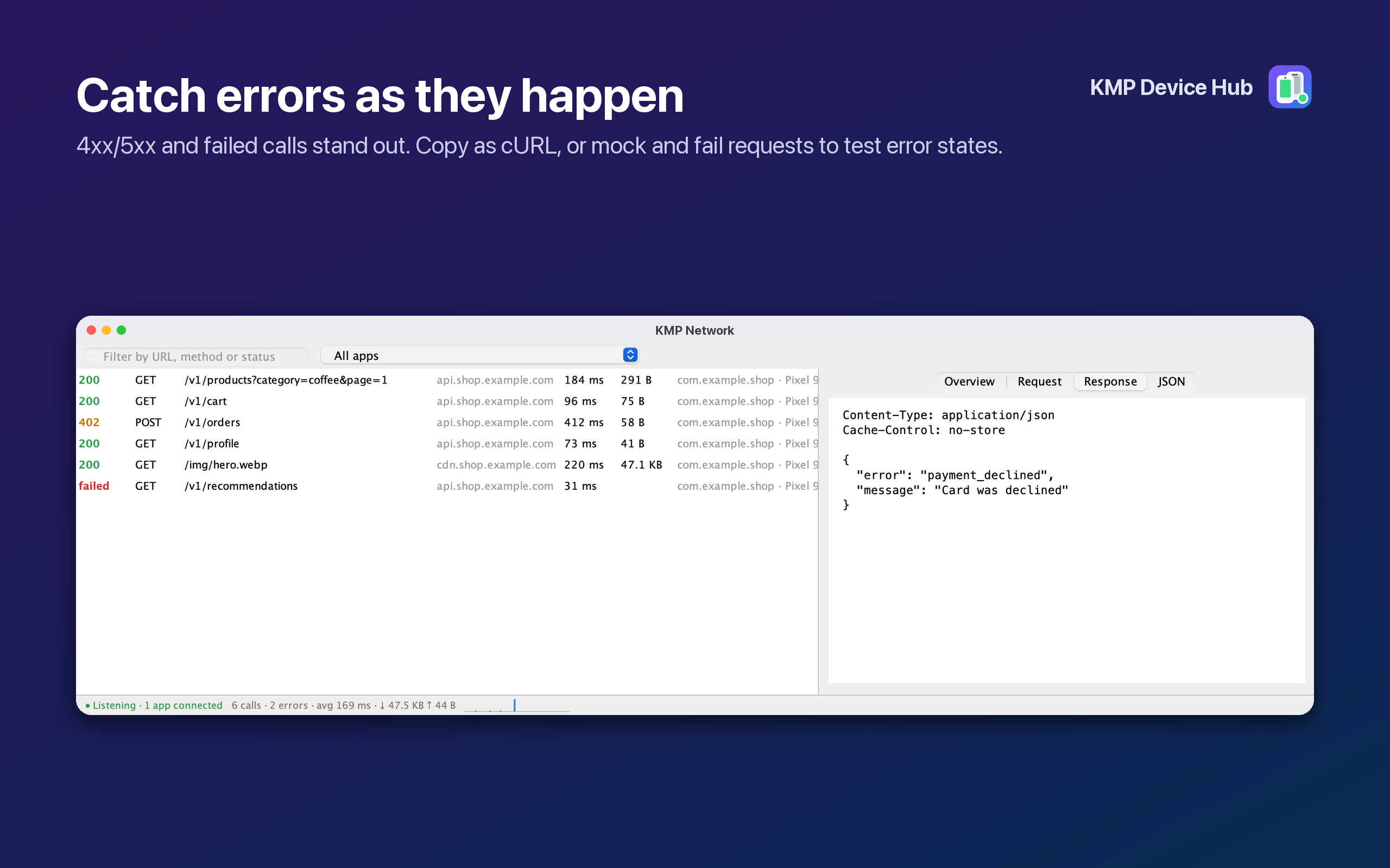 A 402 response and a failed call in the Network Inspector